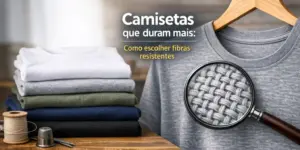Camiseta cinza pendurada com lupa mostrando suas fibras resistentes.