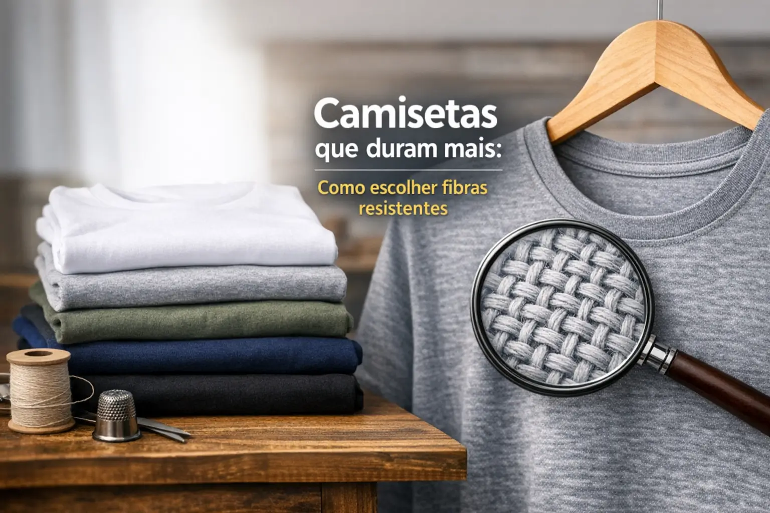 Camiseta cinza pendurada com lupa mostrando suas fibras resistentes.