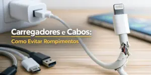 Cabos USB, Lightning e carregador danificado sobre mesa de madeira clara