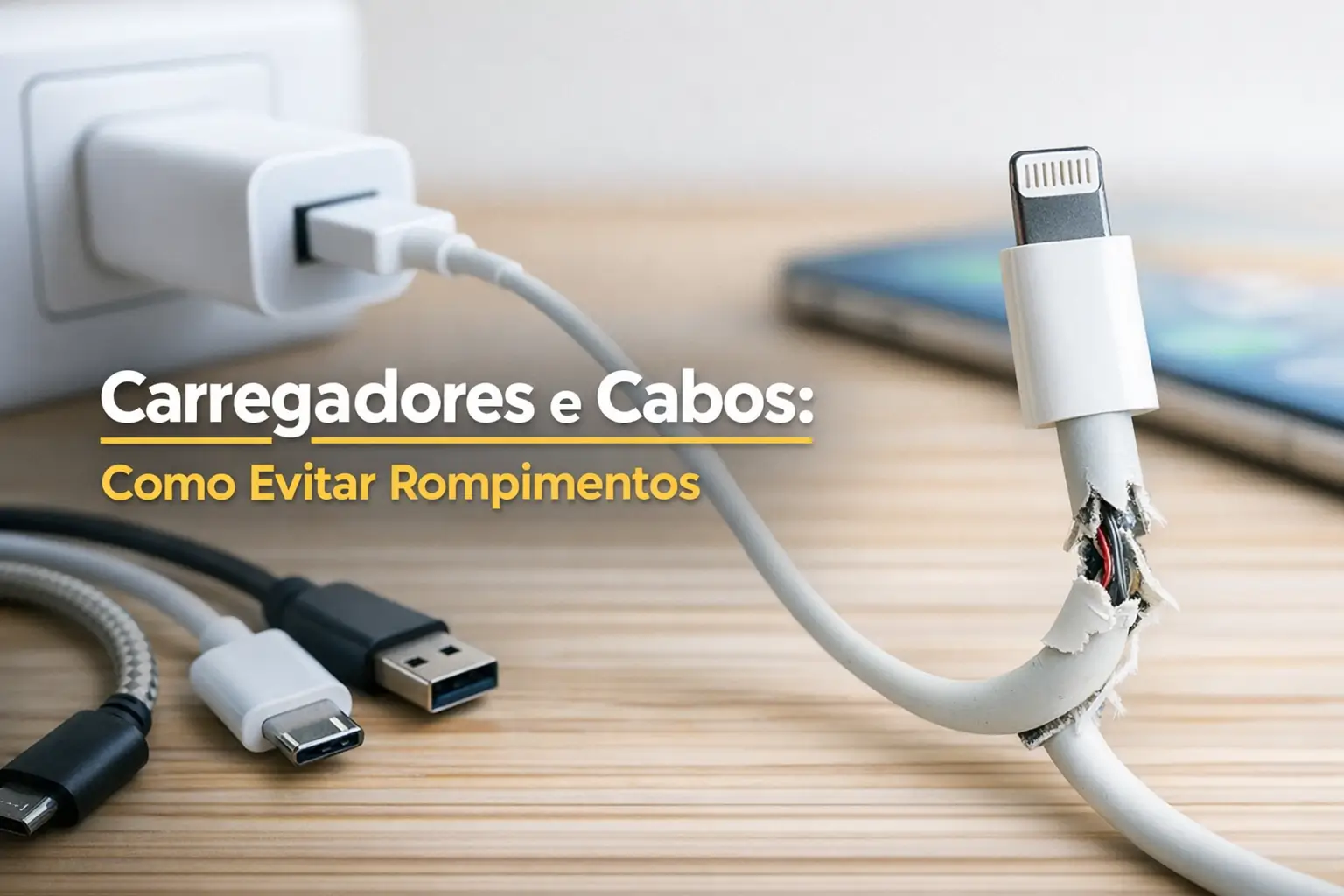 Cabos USB, Lightning e carregador danificado sobre mesa de madeira clara