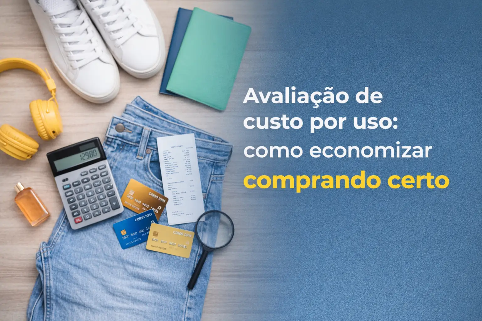 Itens sobre planejamento financeiro: tênis branco, fones amarelos, lupa e cartão de crédito