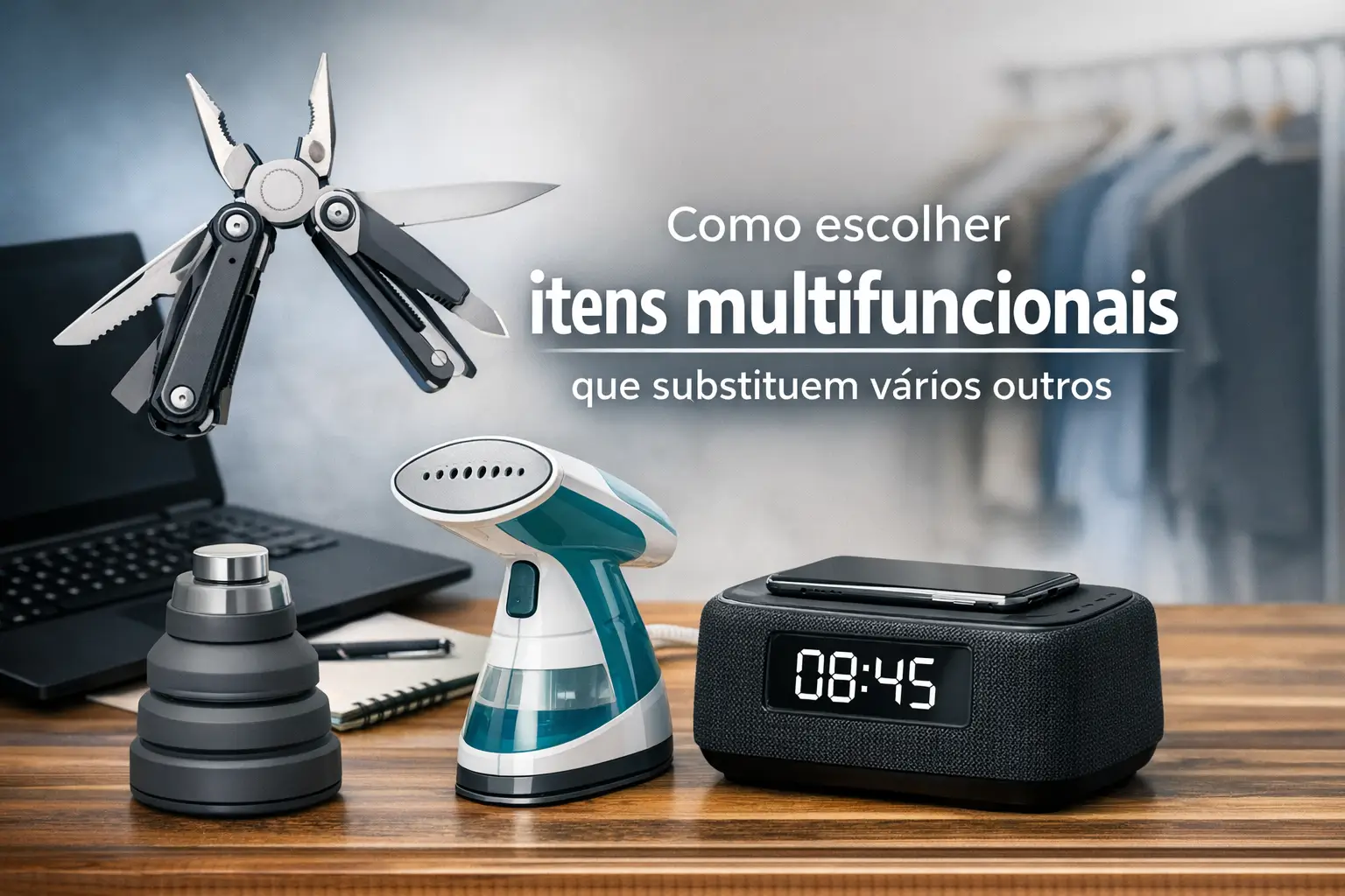 Mesa com multitool, vaporizador de roupas, relógio com carregador, laptop e roupas ao fundo