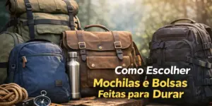 Seleção de mochilas duráveis e uma bolsa de couro em ambiente natural externo