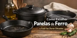 Coleção de panelas de ferro fundido com alho e alecrim em superfície rústica