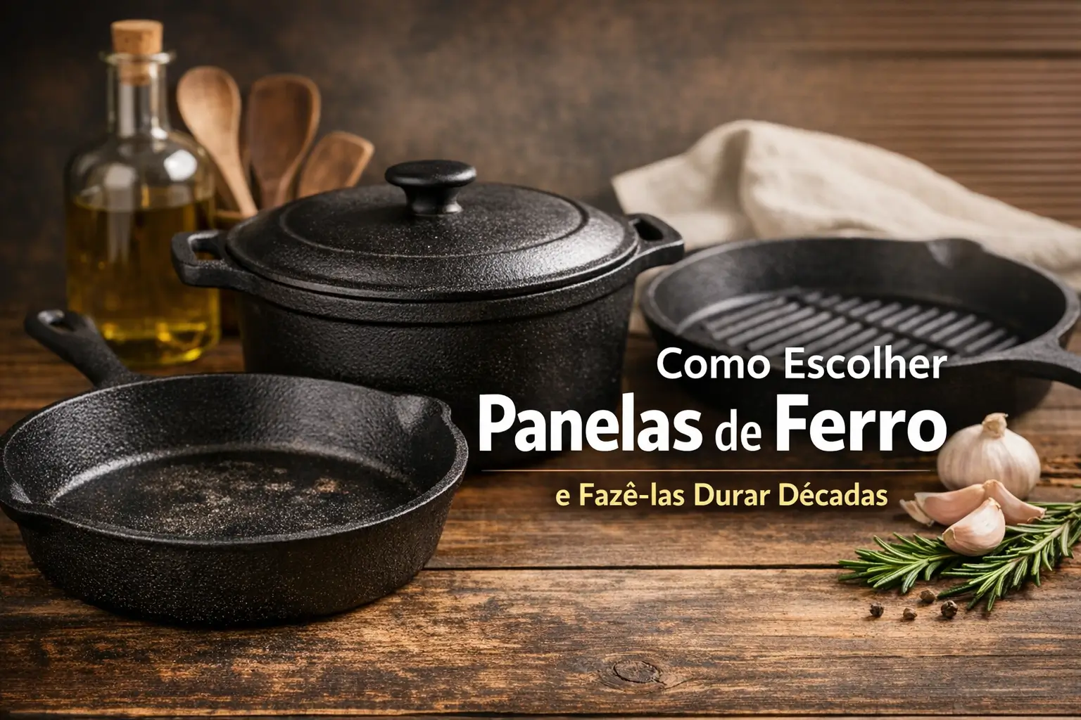 Coleção de panelas de ferro fundido com alho e alecrim em superfície rústica