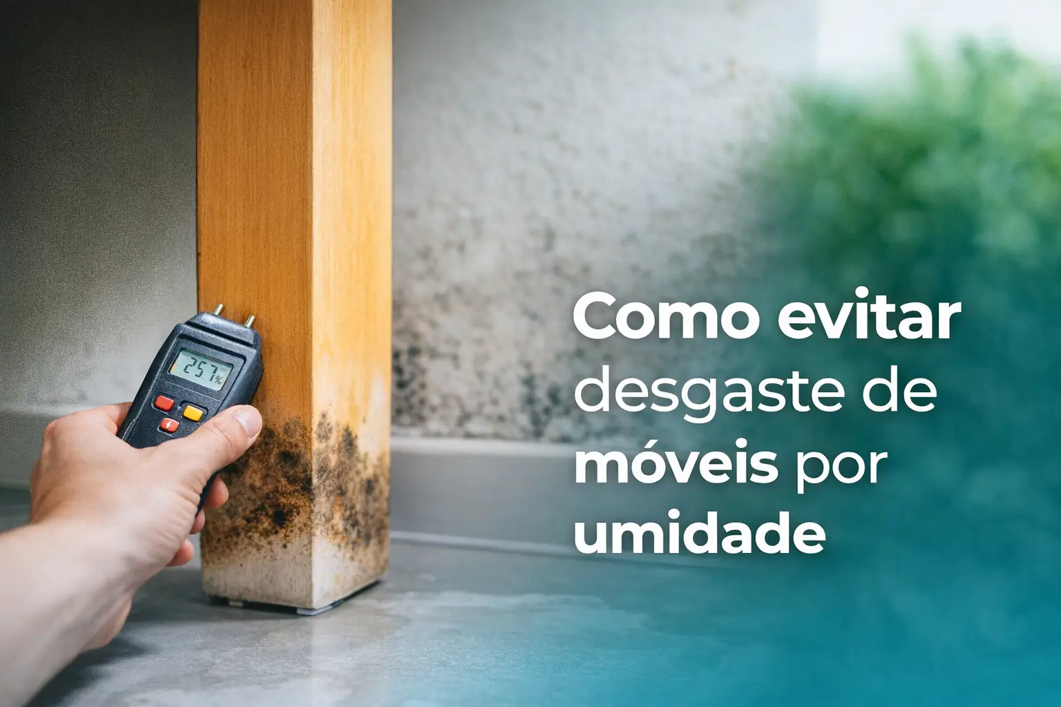 Mão com medidor de umidade apontando 25.7% em móvel danificado por água