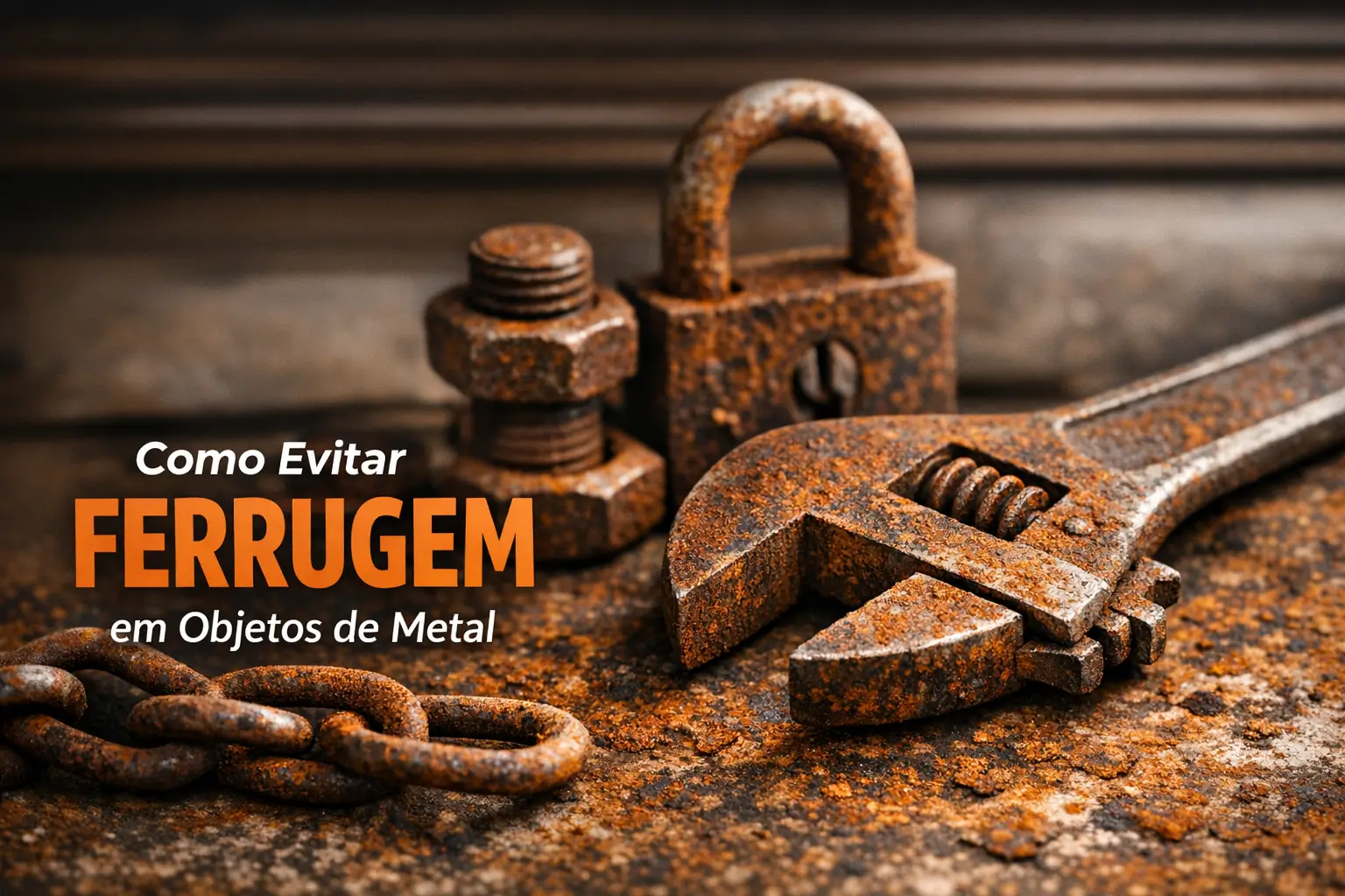 Coleção de objetos metálicos enferrujados como chave ajustável e cadeado.