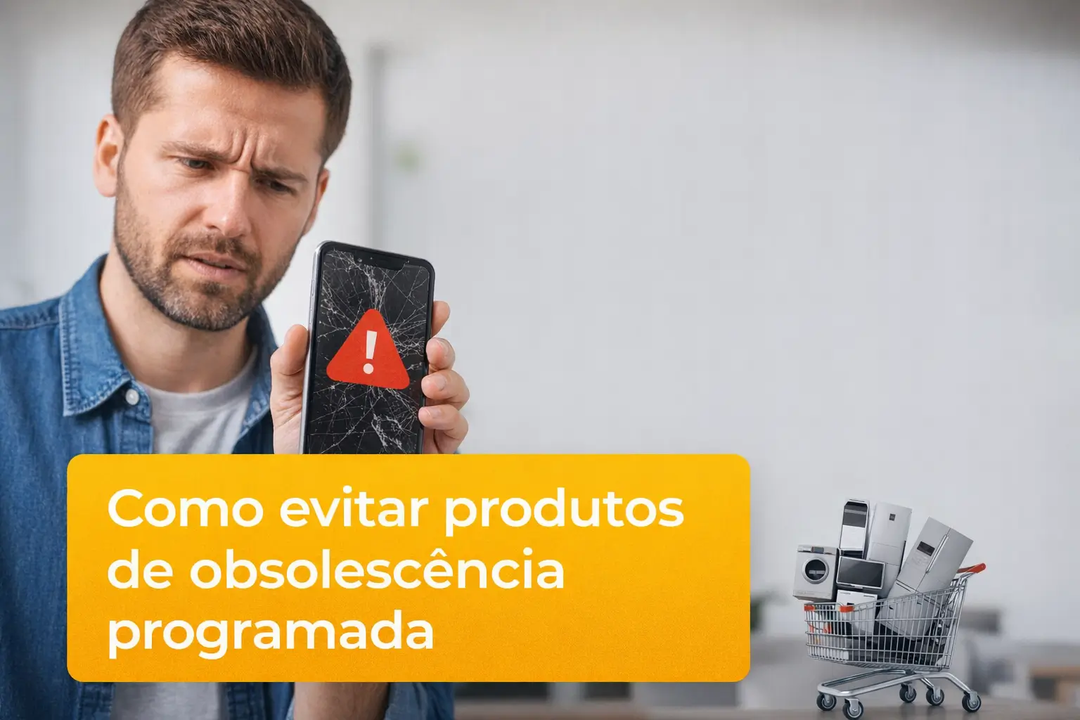 Pessoa preocupada segura smartphone com tela rachada com texto obsolescência planejada