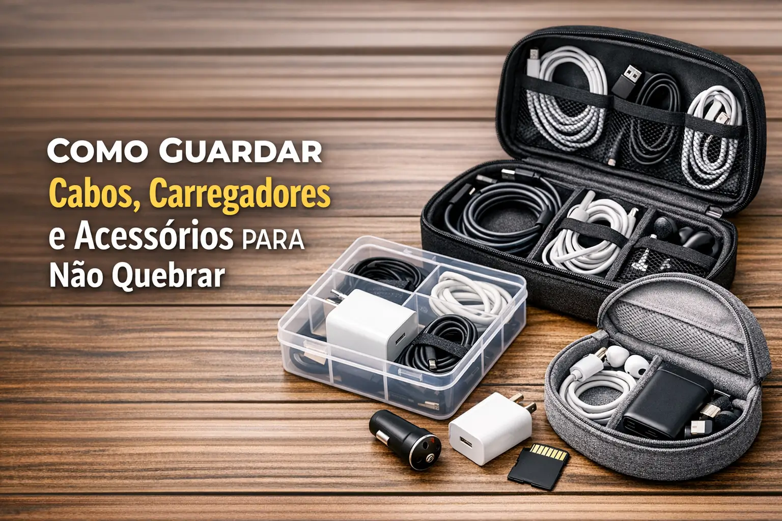 Organização prática de acessórios eletrônicos com cabos, carregadores e fones em caixas