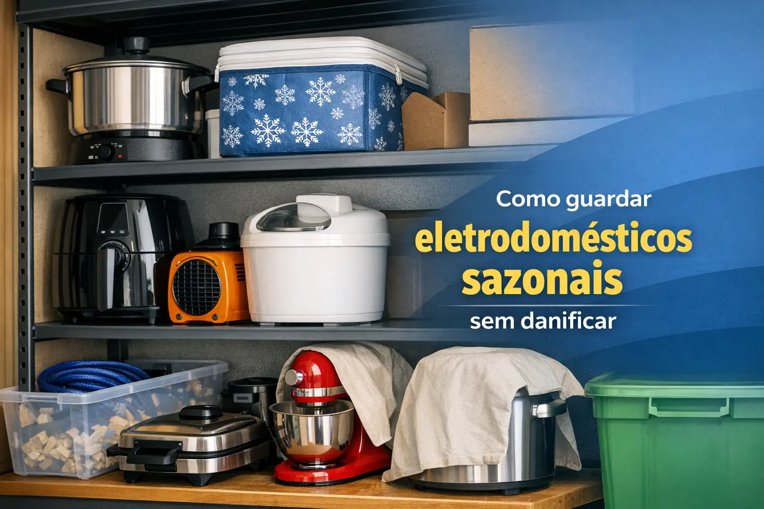 Prateleira organizada com eletrodomésticos como panelas e air fryer