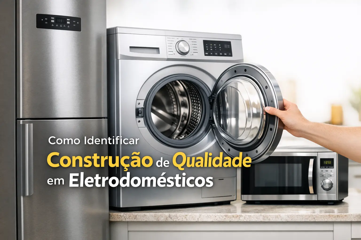 Geladeira inox, máquina de lavar aberta e micro-ondas em cozinha moderna