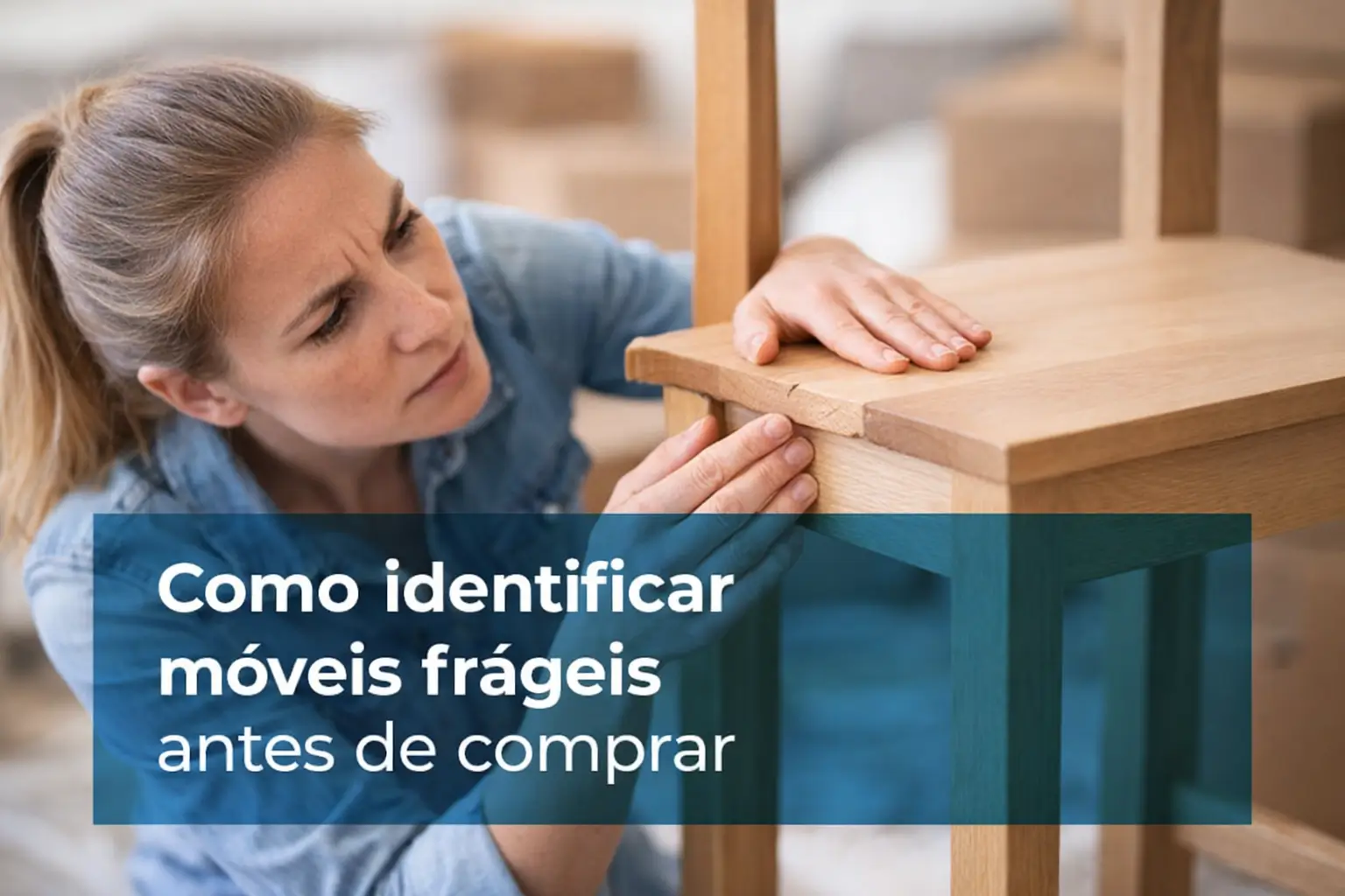 Mulher avalia canto de cadeira para identificar móveis frágeis