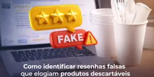 Três estrelas amarelas em destaque com bolha de fala vermelha escrita 'FAKE'; laptop ao fundo