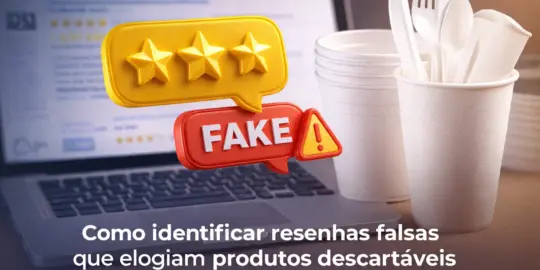 Três estrelas amarelas em destaque com bolha de fala vermelha escrita 'FAKE'; laptop ao fundo