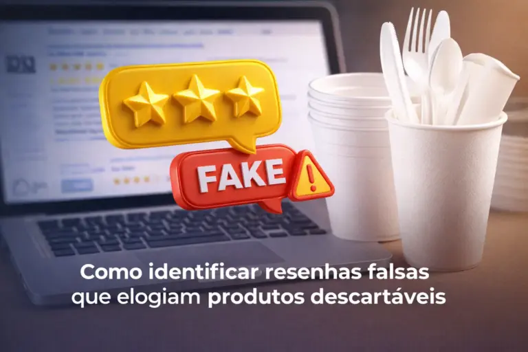 Três estrelas amarelas em destaque com bolha de fala vermelha escrita 'FAKE'; laptop ao fundo