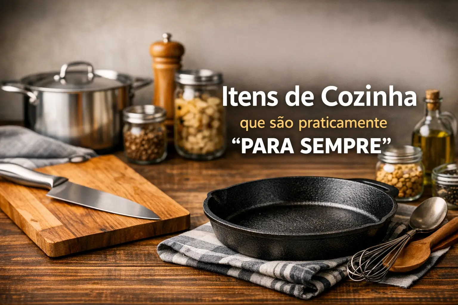 Utensílios de cozinha duráveis, incluindo tábua e frigideira de ferro.