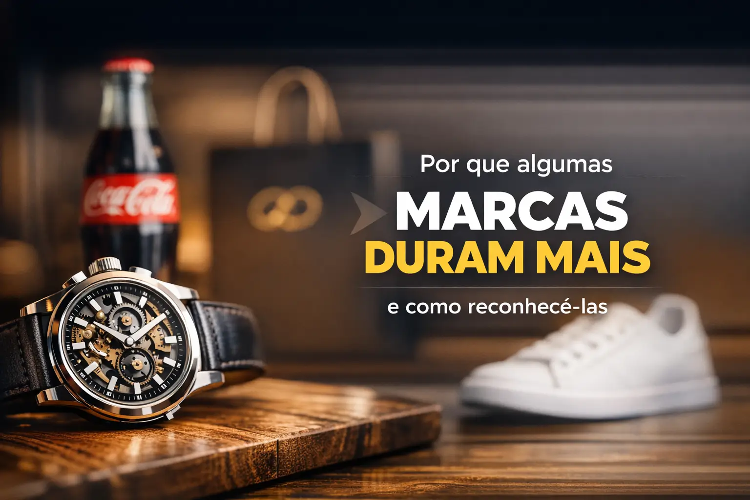 Relógio com pulseira de couro preto, bolsa Coca-Cola e tênis branco