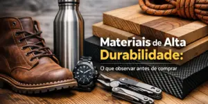 Materiais duráveis como botas, garrafa de aço e relógio em mesa de madeira