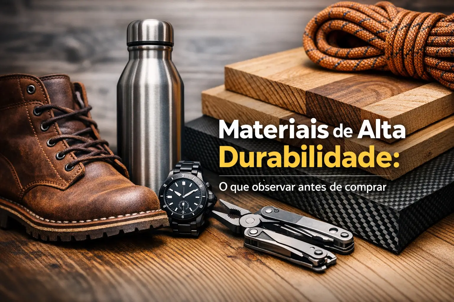 Materiais duráveis como botas, garrafa de aço e relógio em mesa de madeira
