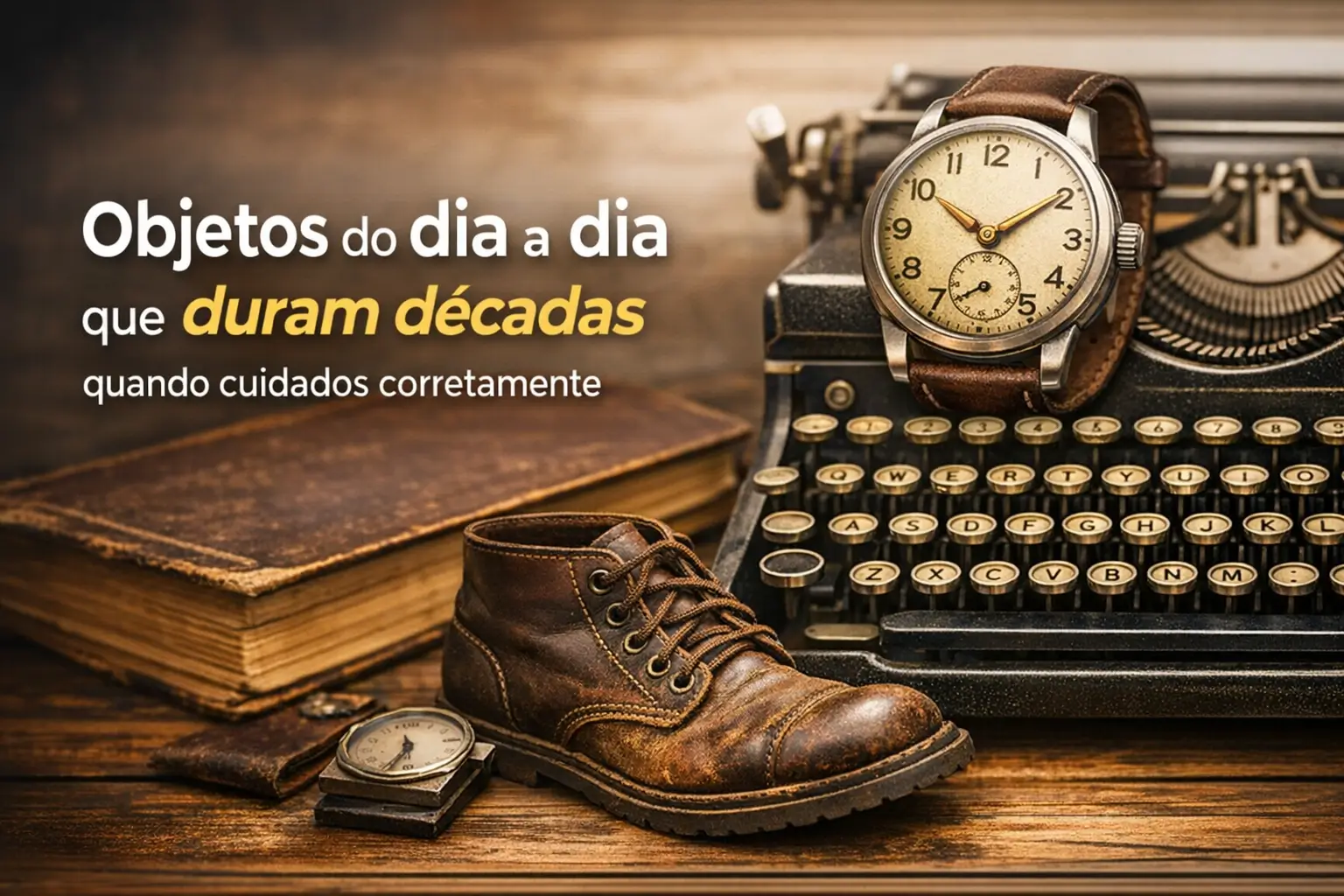 Objetos vintage como máquina de escrever e relógios que mostram longevidade com bom cuidado.