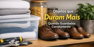 Estante organizada com toalhas, sapatos e objetos úteis armazenados corretamente