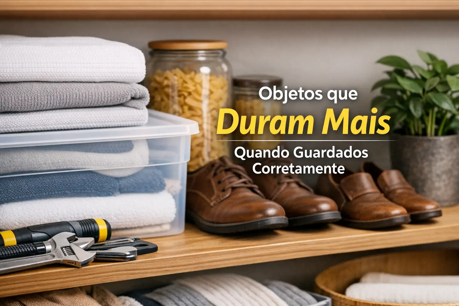 Estante organizada com toalhas, sapatos e objetos úteis armazenados corretamente