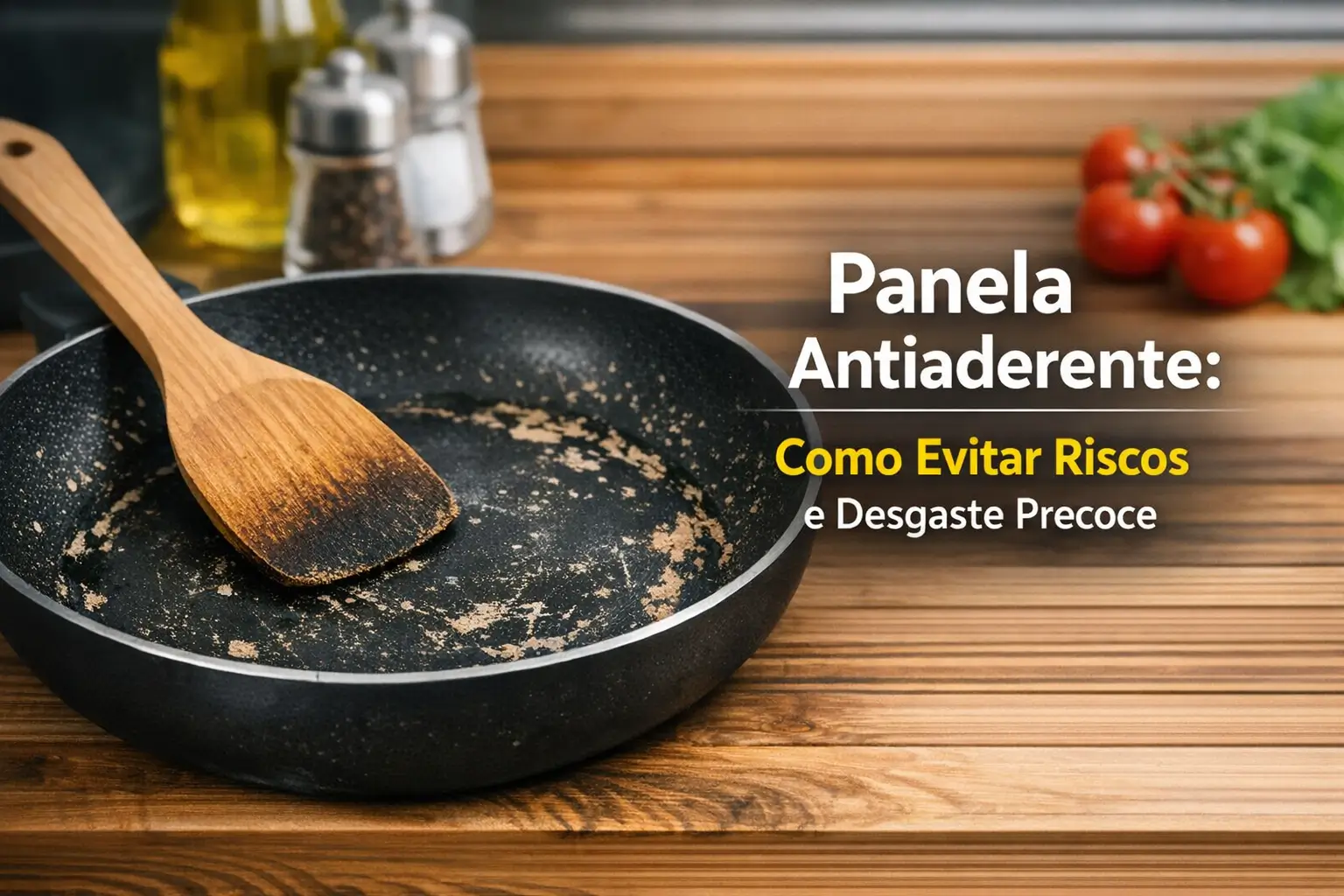 Panela antiaderente preta com espátula, temperos e azeite ao fundo