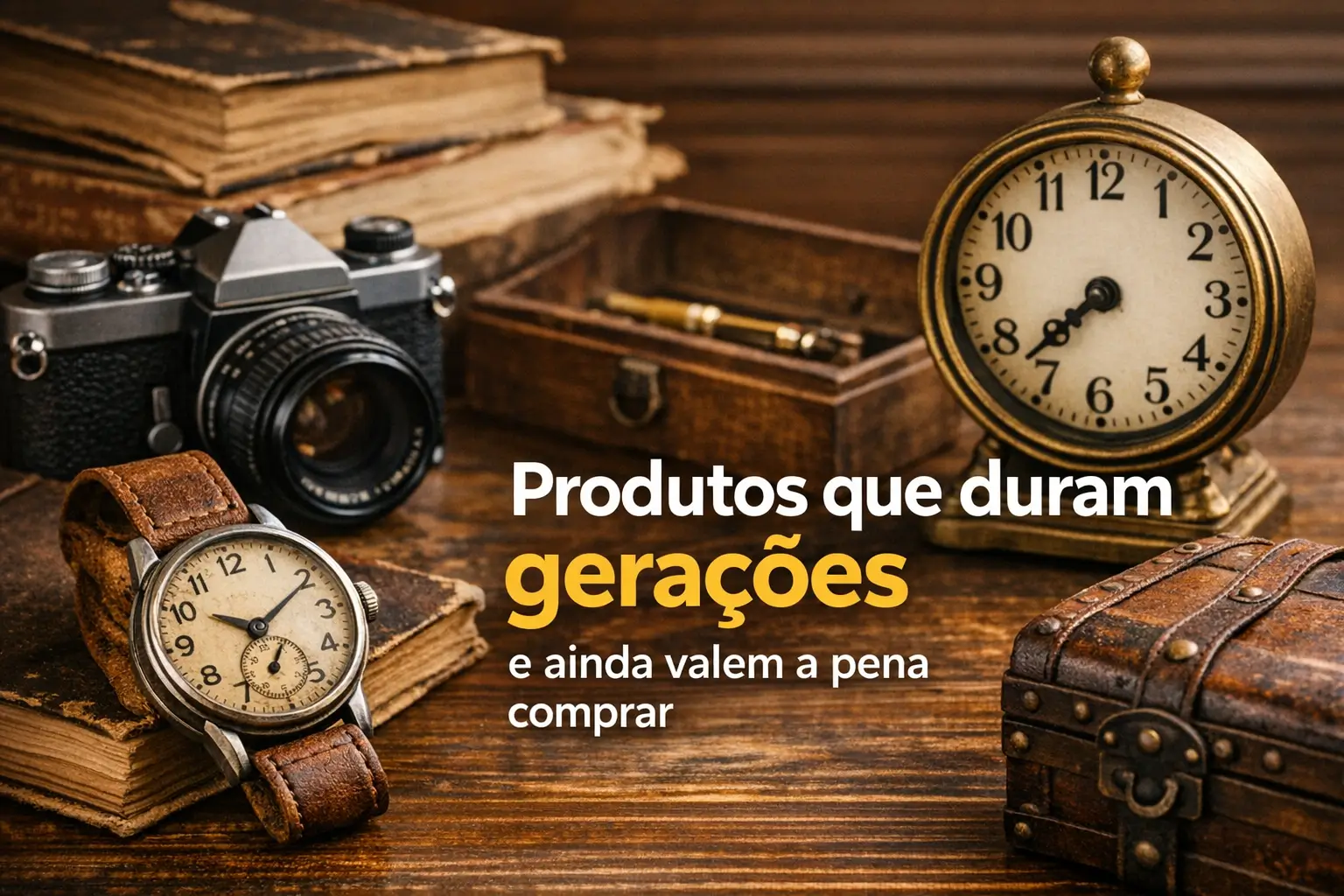 Câmera vintage, relógios antigos e caixas de madeira ao lado de livros clássicos.