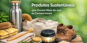Produtos sustentáveis em um ambiente natural com lanterna solar e itens ecológicos.