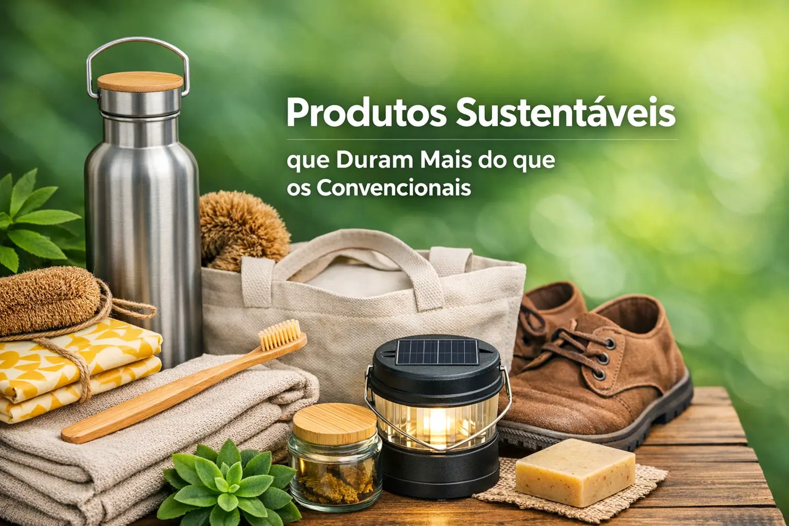Produtos sustentáveis em um ambiente natural com lanterna solar e itens ecológicos.
