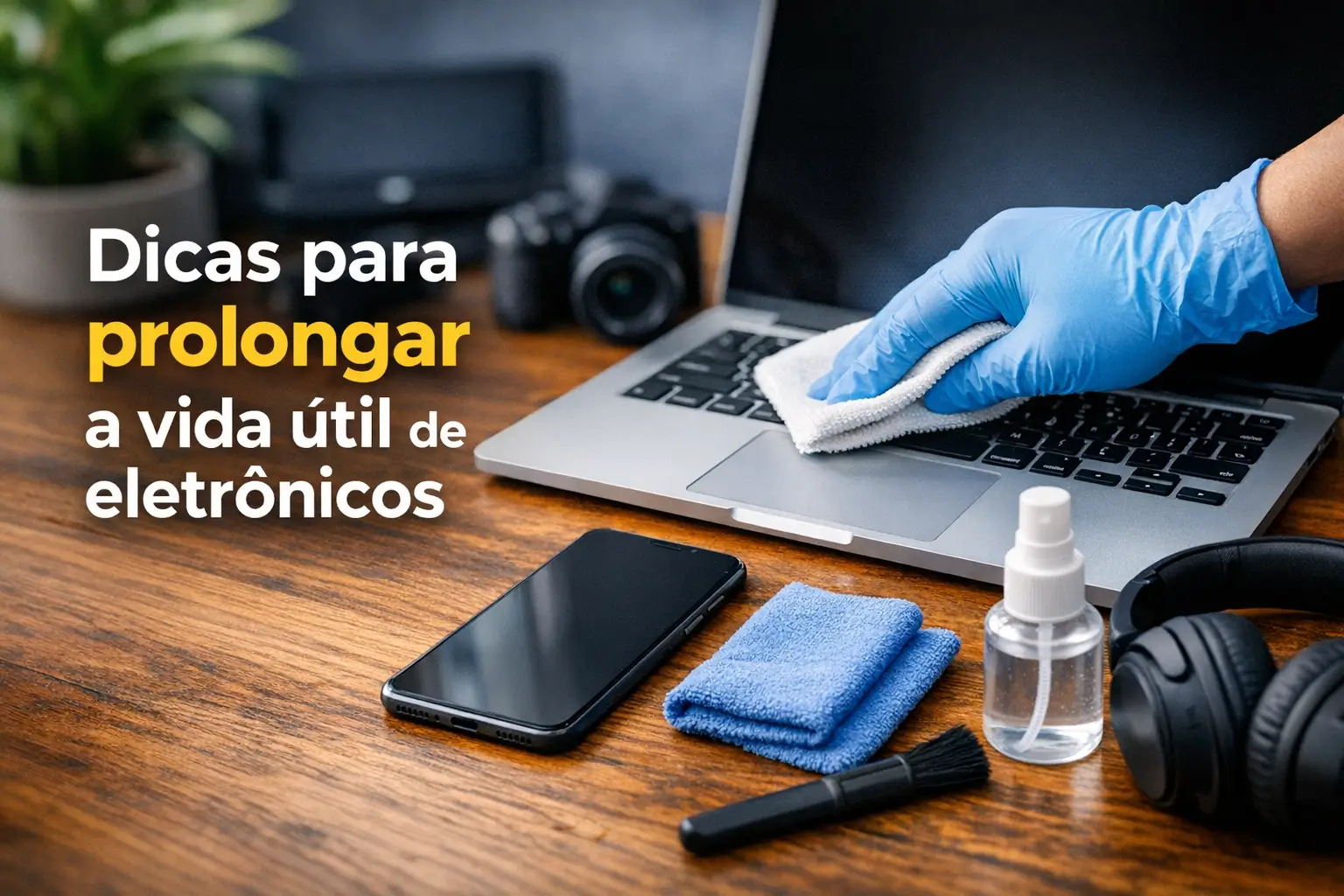 Pessoa limpando laptop com pano de microfibra azul em uma mesa organizada