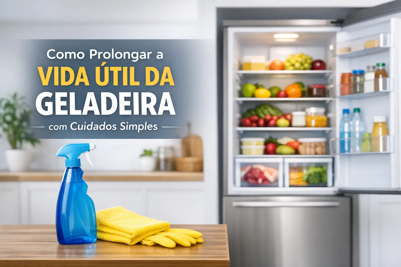 Geladeira aberta com alimentos frescos e itens de limpeza na cozinha moderna