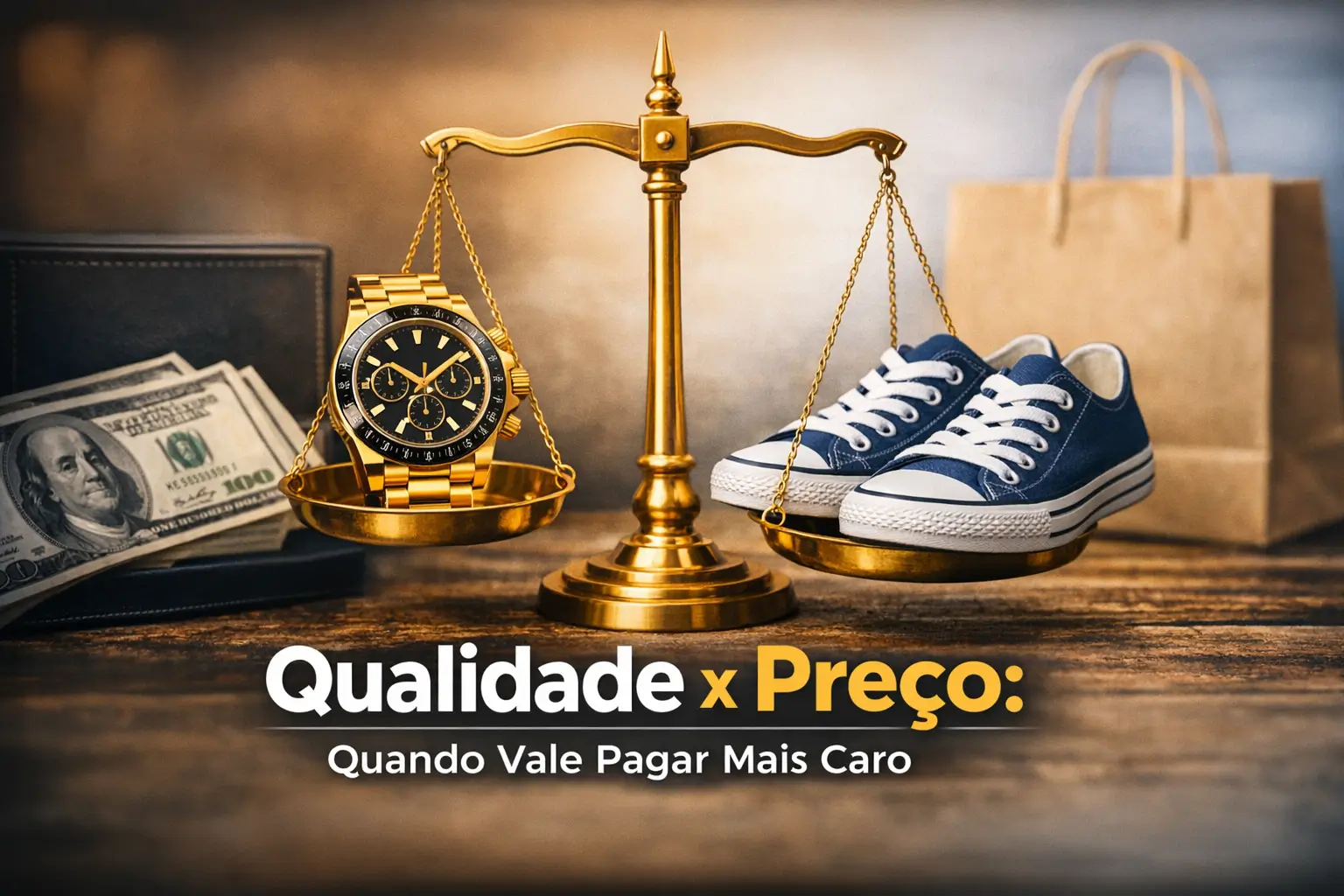 Balança com relógio de luxo e tênis ao lado de carteira e dólares