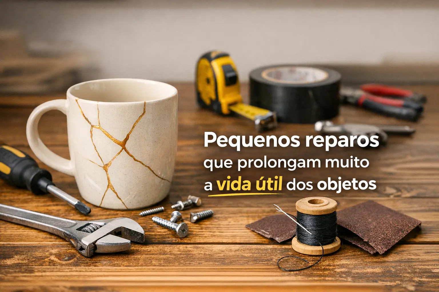 Mesa com ferramentas e caneca dourada reparada, símbolo de restauração.