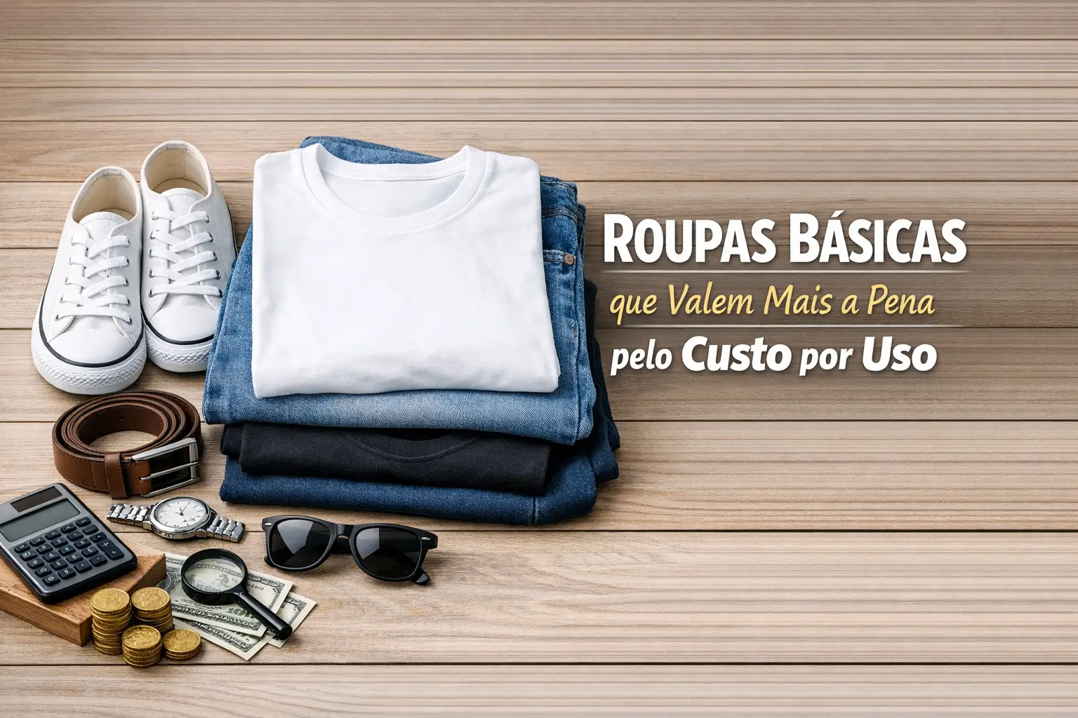 Roupas e acessórios básicos com dólares, moedas e frase sobre custo-benefício