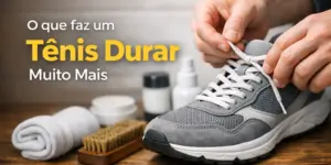 Pessoa amarrando cadarço em tênis cinza com produtos de cuidados em fundo de madeira.